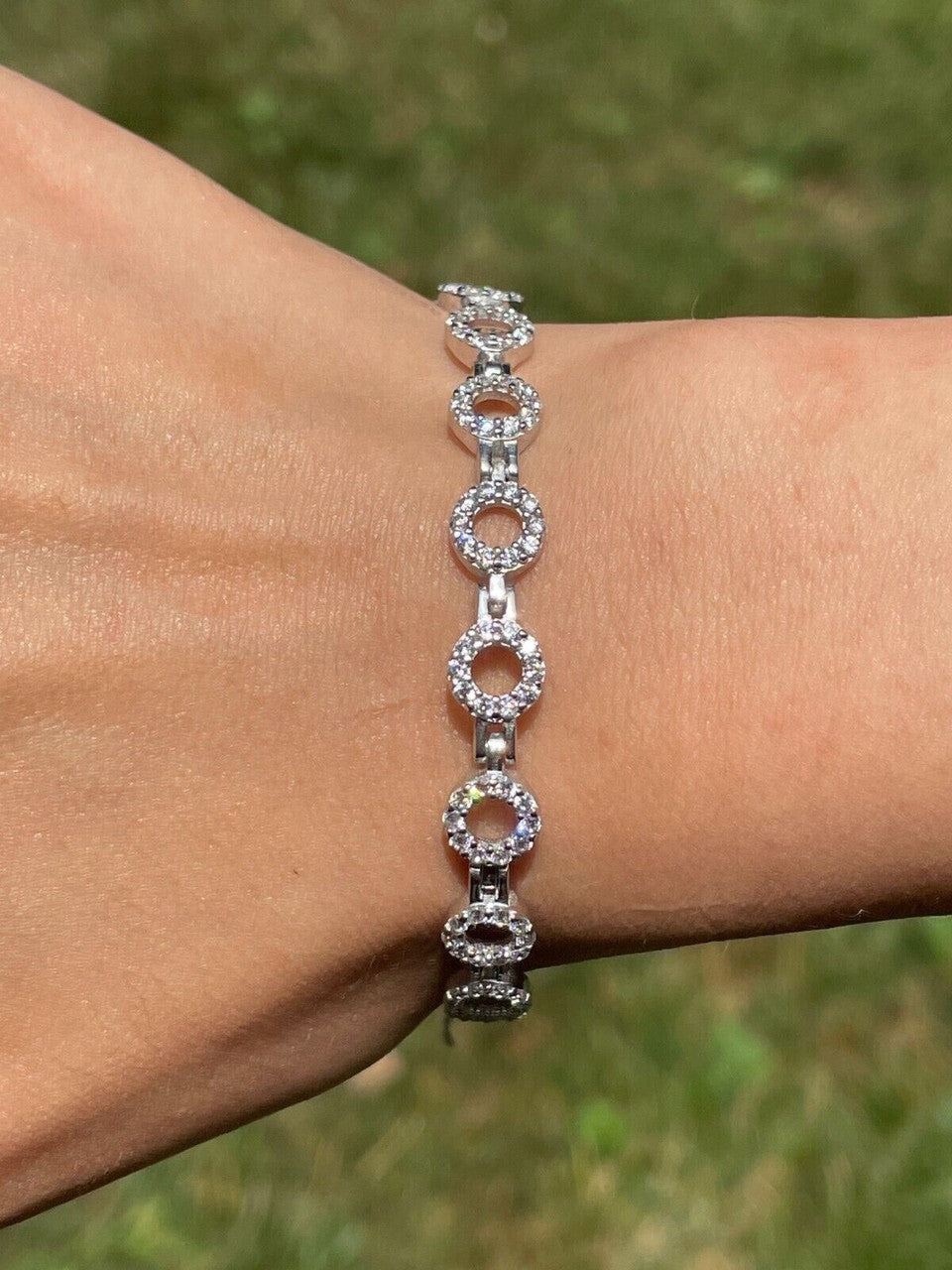 Ladies Iced Circle Custom Tennis Bracelet Adjustable Solid 925 Sterling Silver