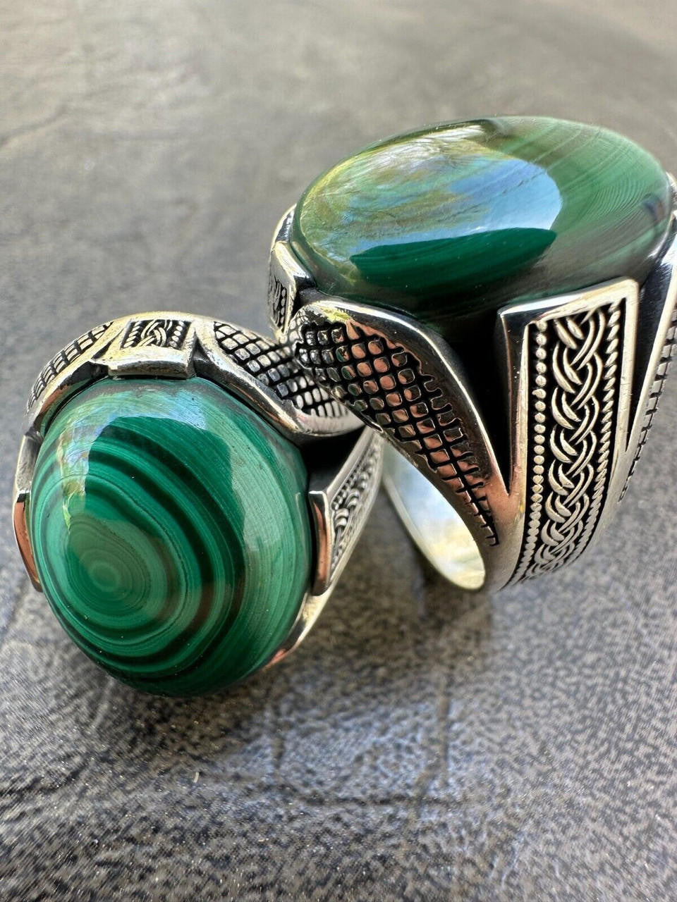 Wealth Ring - 925 Silver Oxidized - Genuine Green Malachite Stone