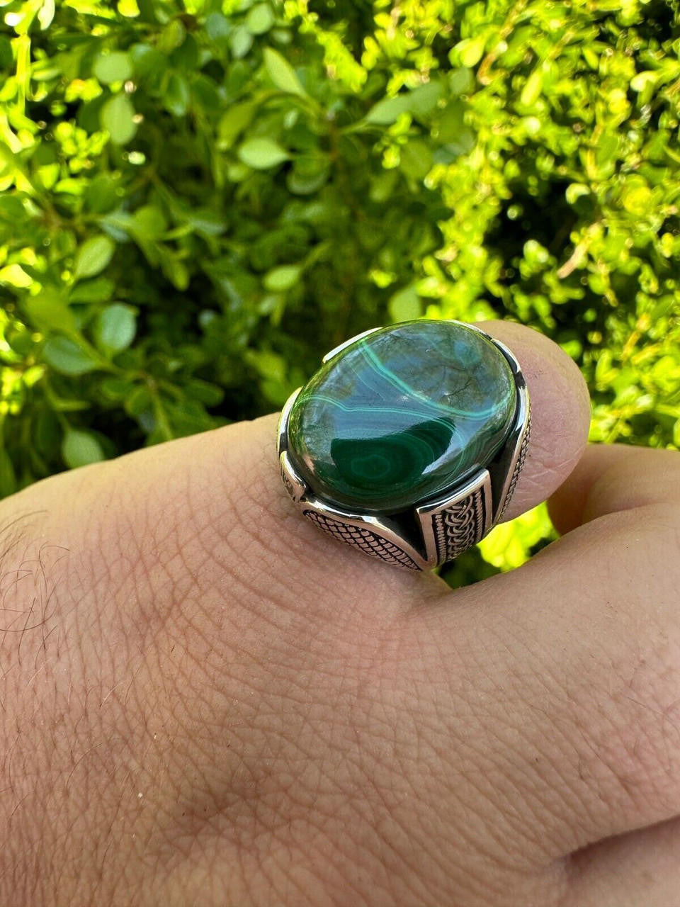 Wealth Ring - 925 Silver Oxidized - Genuine Green Malachite Stone
