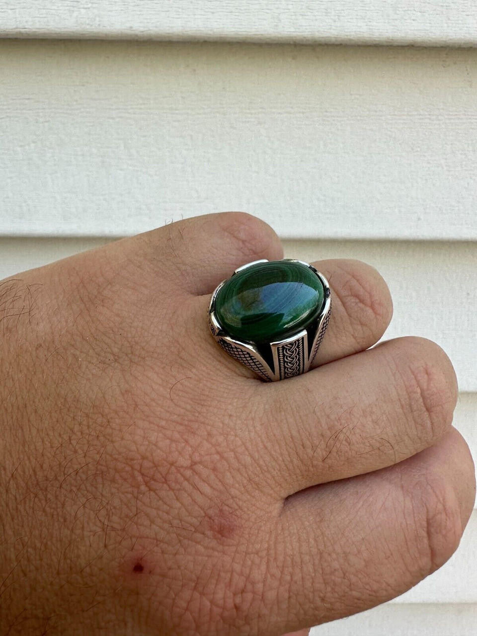 Wealth Ring - 925 Silver Oxidized - Genuine Green Malachite Stone