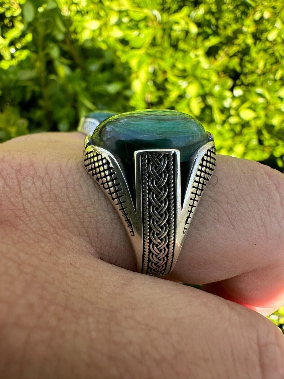 Wealth Ring - 925 Silver Oxidized - Genuine Green Malachite Stone