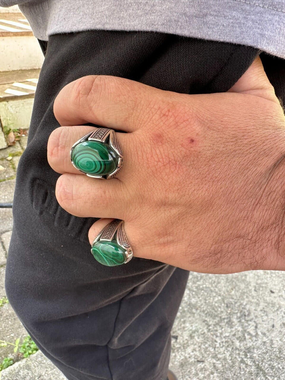 Wealth Ring - 925 Silver Oxidized - Genuine Green Malachite Stone