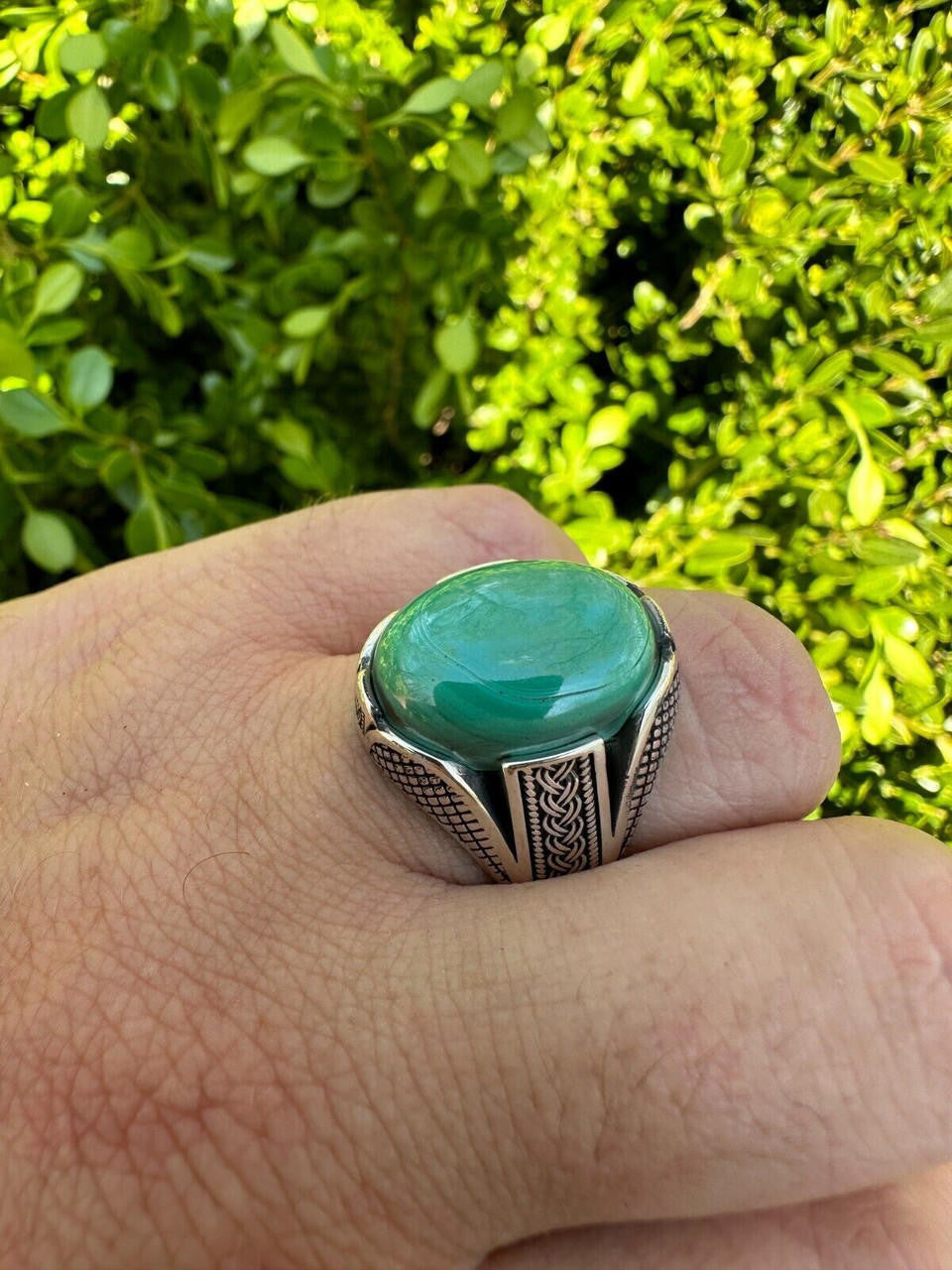 Wealth Ring - 925 Silver Oxidized - Genuine Green Malachite Stone