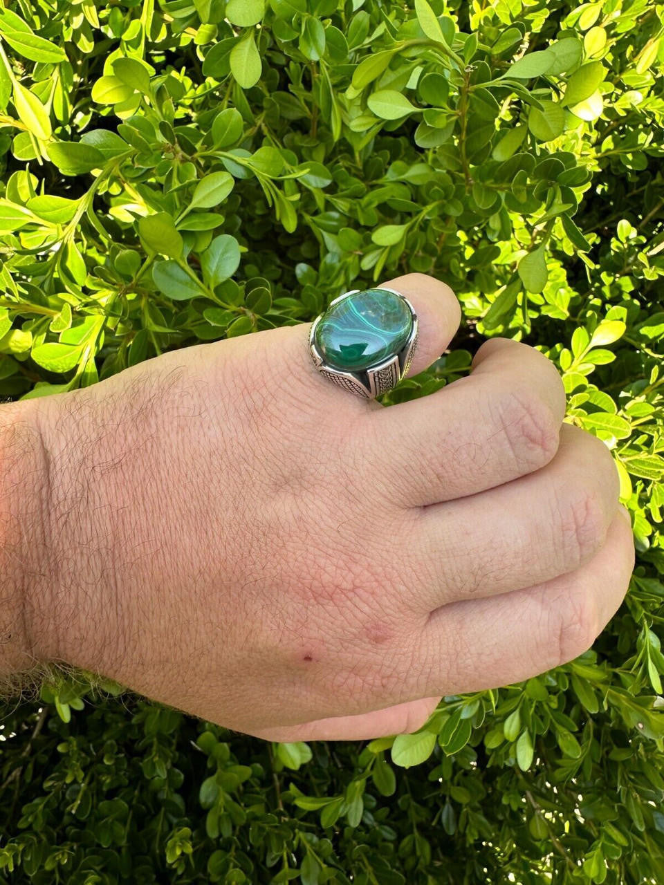 Wealth Ring - 925 Silver Oxidized - Genuine Green Malachite Stone