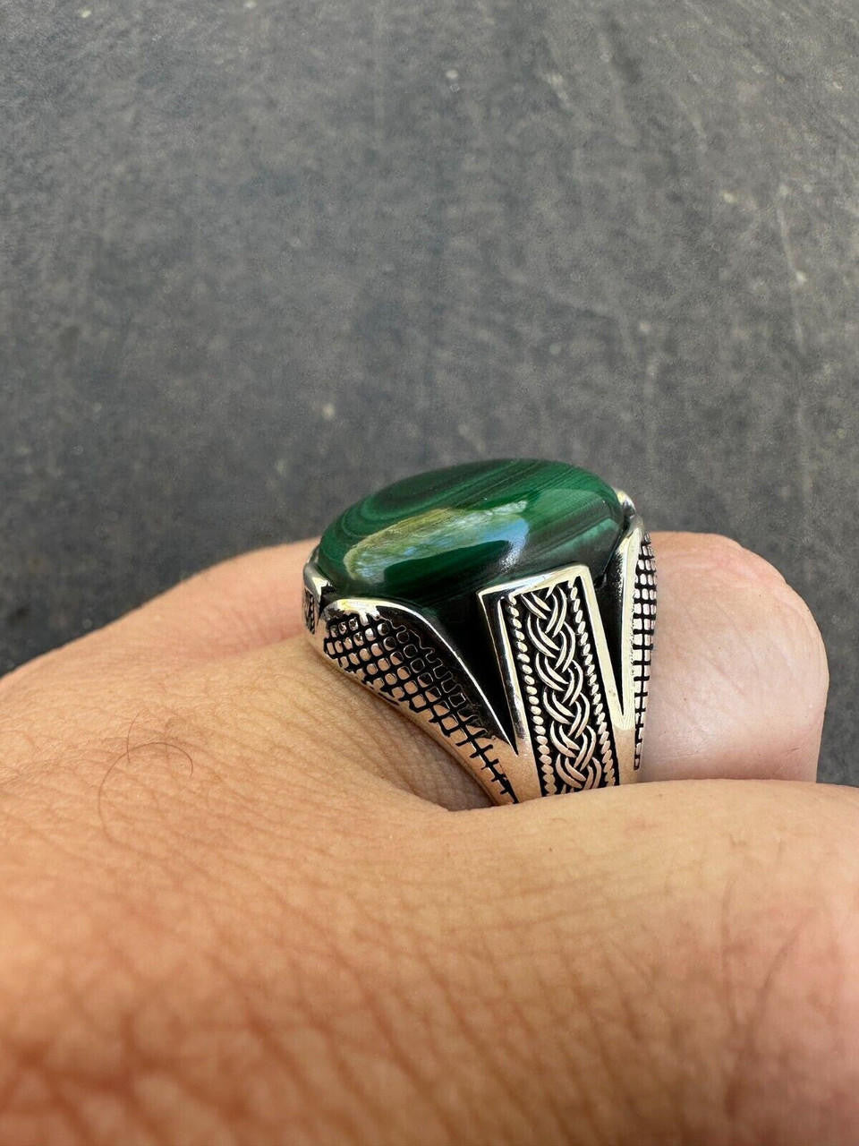 Wealth Ring - 925 Silver Oxidized - Genuine Green Malachite Stone