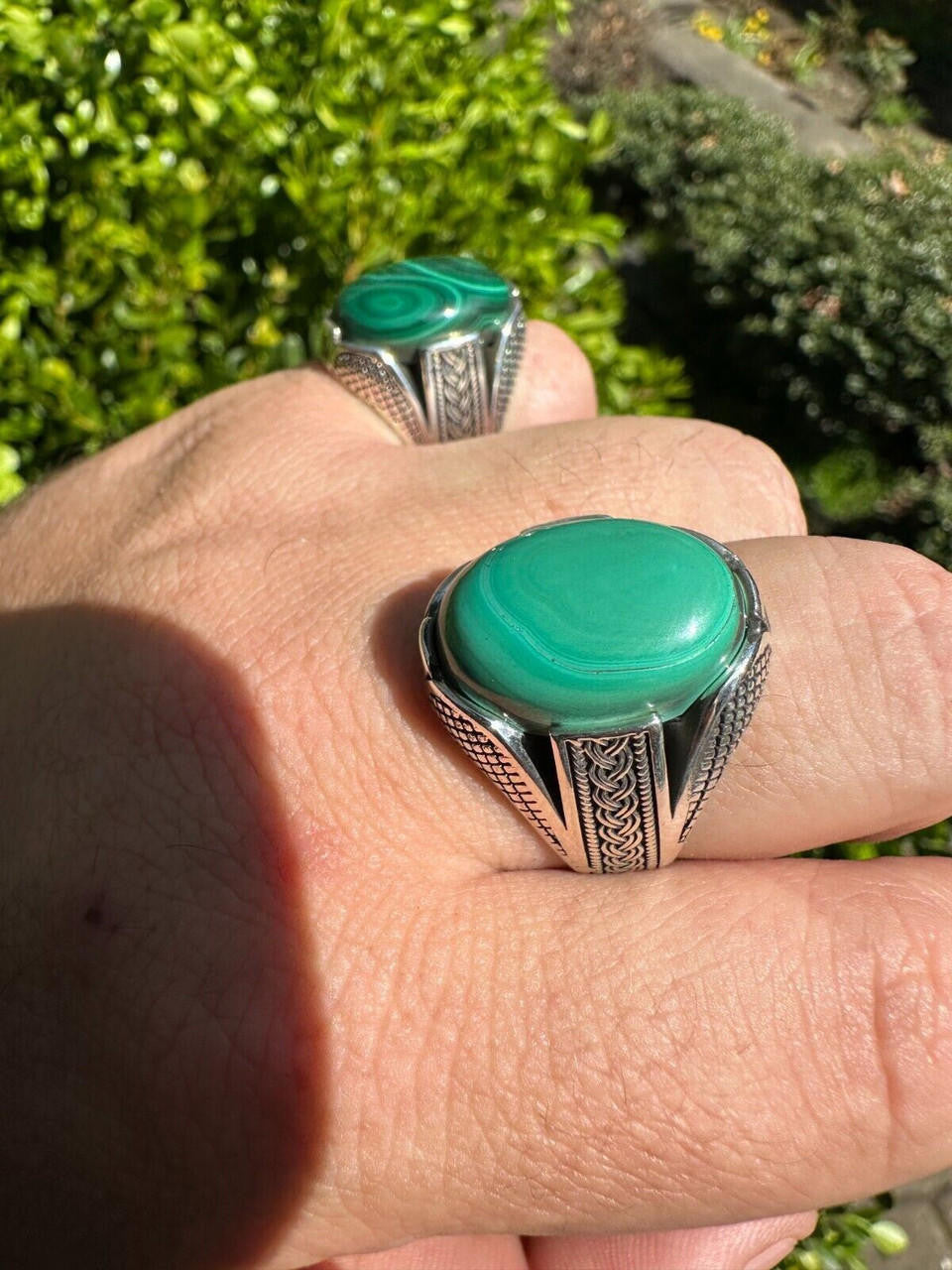 Wealth Ring - 925 Silver Oxidized - Genuine Green Malachite Stone