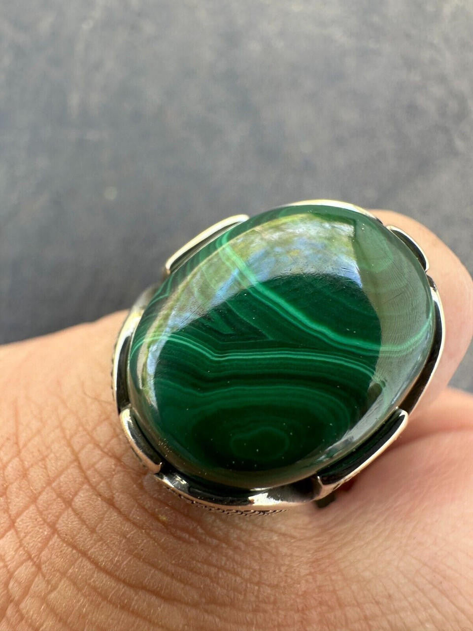 Wealth Ring - 925 Silver Oxidized - Genuine Green Malachite Stone