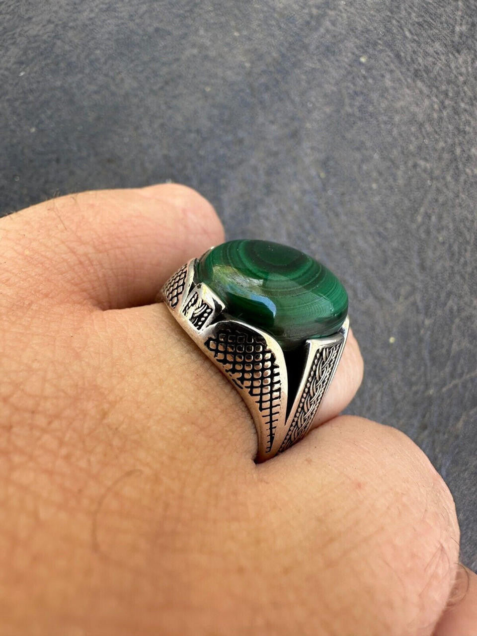 Wealth Ring - 925 Silver Oxidized - Genuine Green Malachite Stone