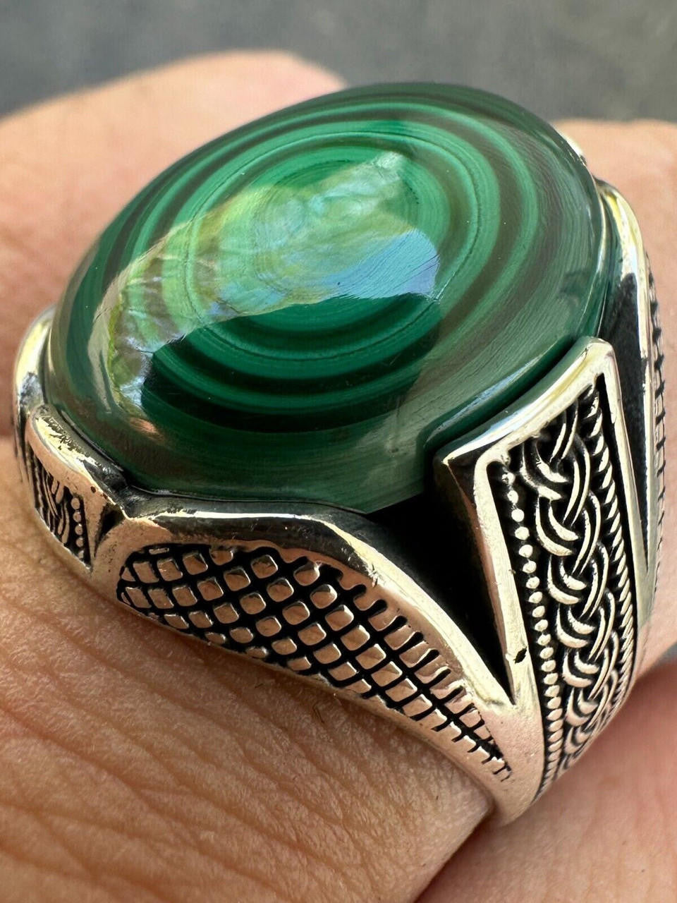 Wealth Ring - 925 Silver Oxidized - Genuine Green Malachite Stone