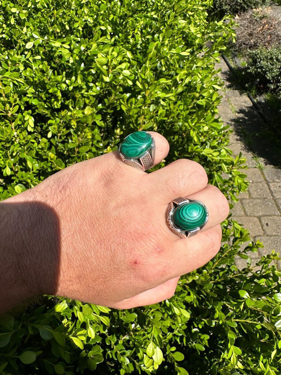 Wealth Ring - 925 Silver Oxidized - Genuine Green Malachite Stone