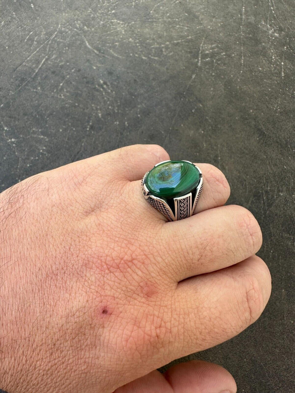 Wealth Ring - 925 Silver Oxidized - Genuine Green Malachite Stone
