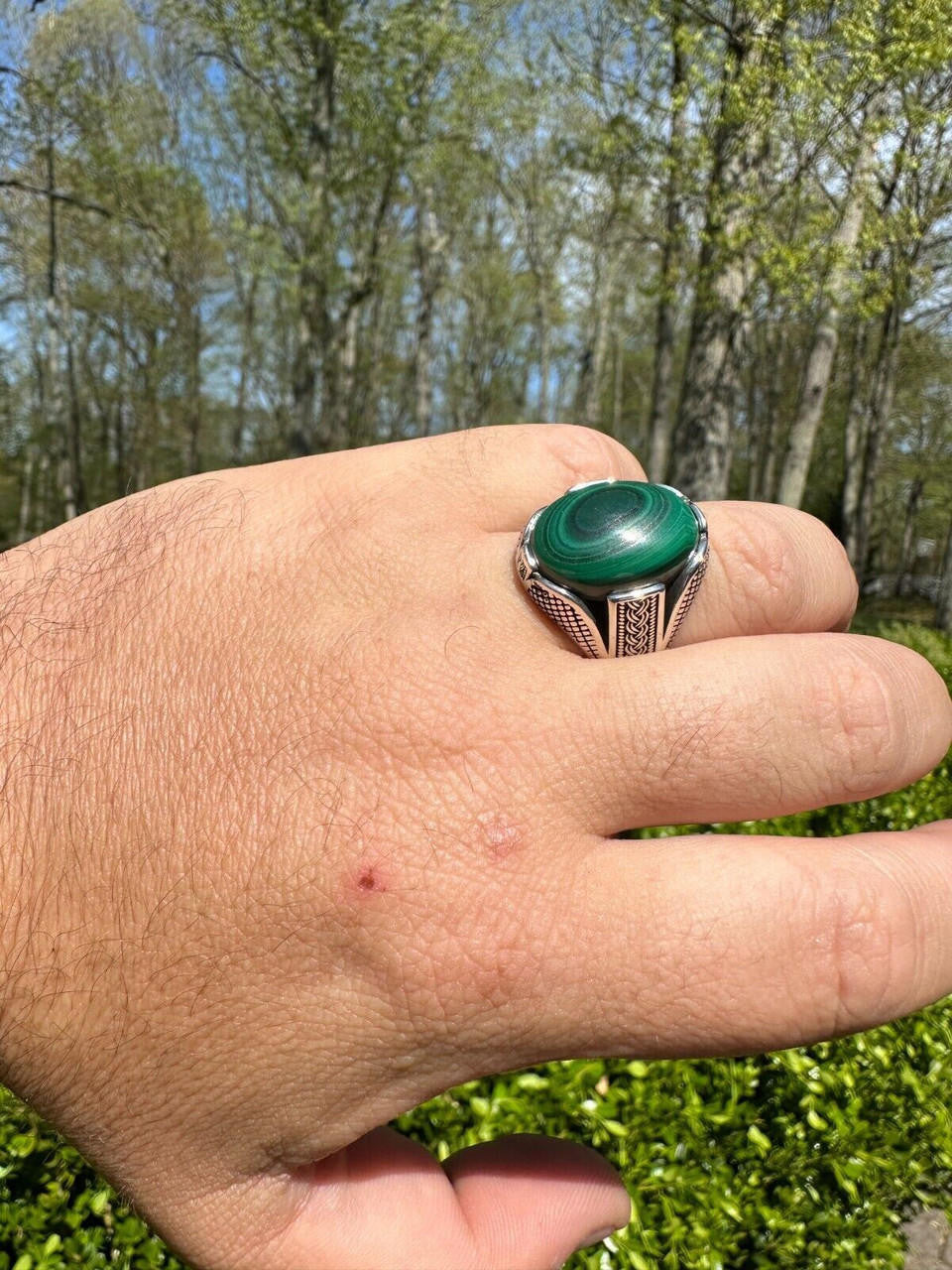 Wealth Ring - 925 Silver Oxidized - Genuine Green Malachite Stone