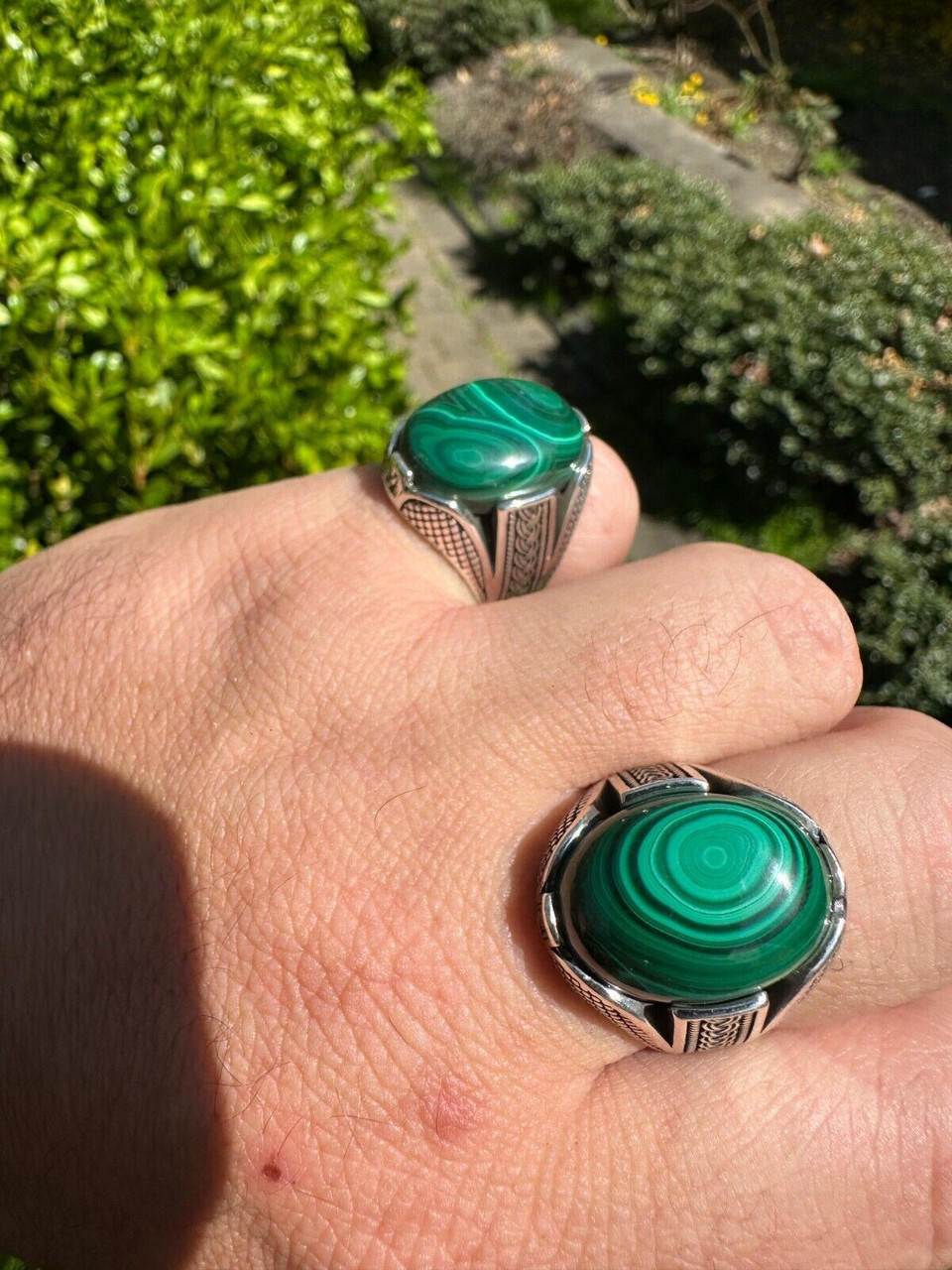 Wealth Ring - 925 Silver Oxidized - Genuine Green Malachite Stone