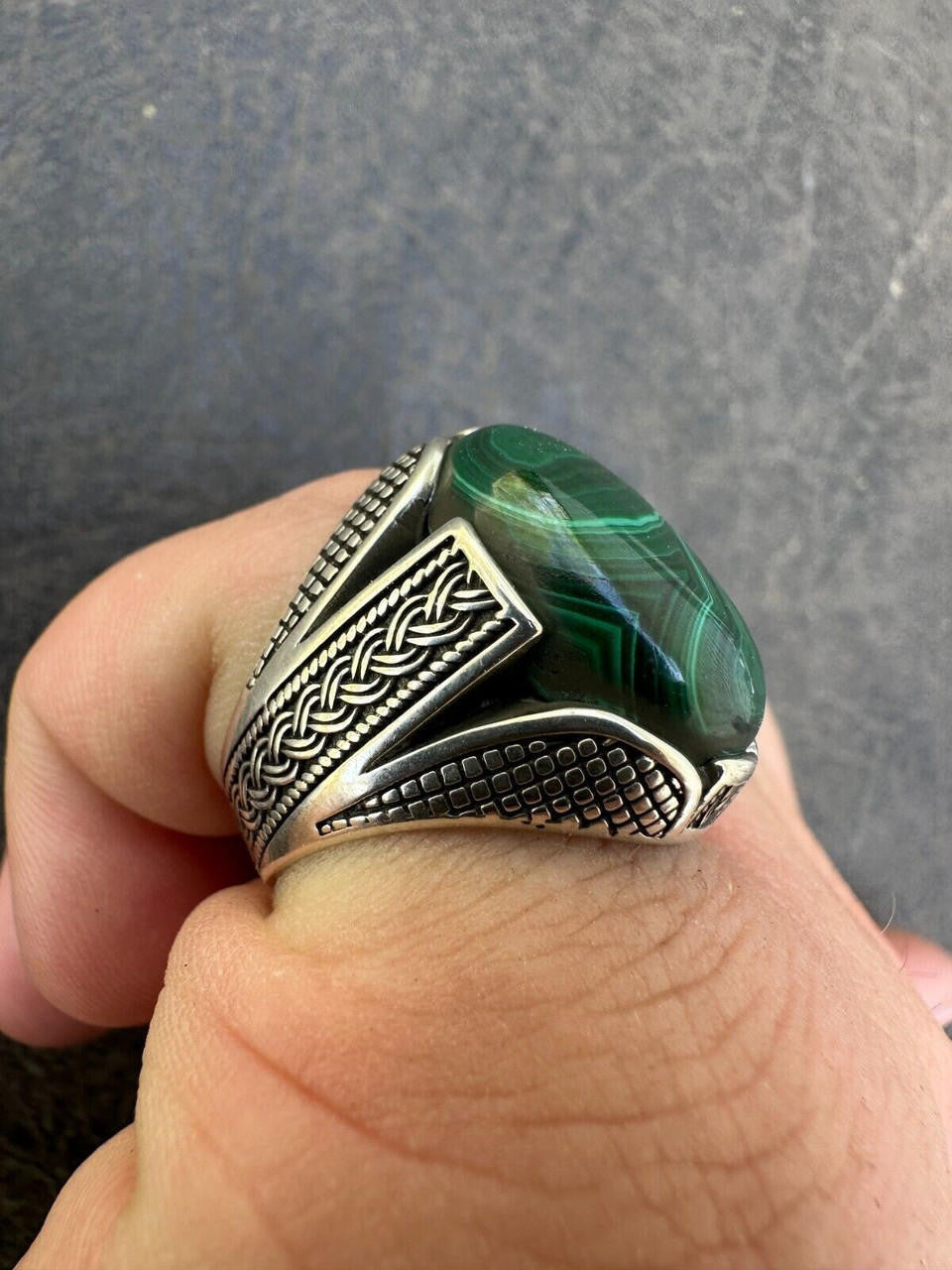 Wealth Ring - 925 Silver Oxidized - Genuine Green Malachite Stone