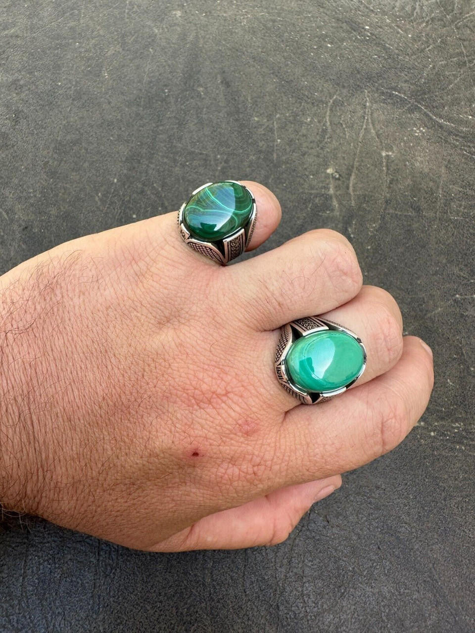 Wealth Ring - 925 Silver Oxidized - Genuine Green Malachite Stone