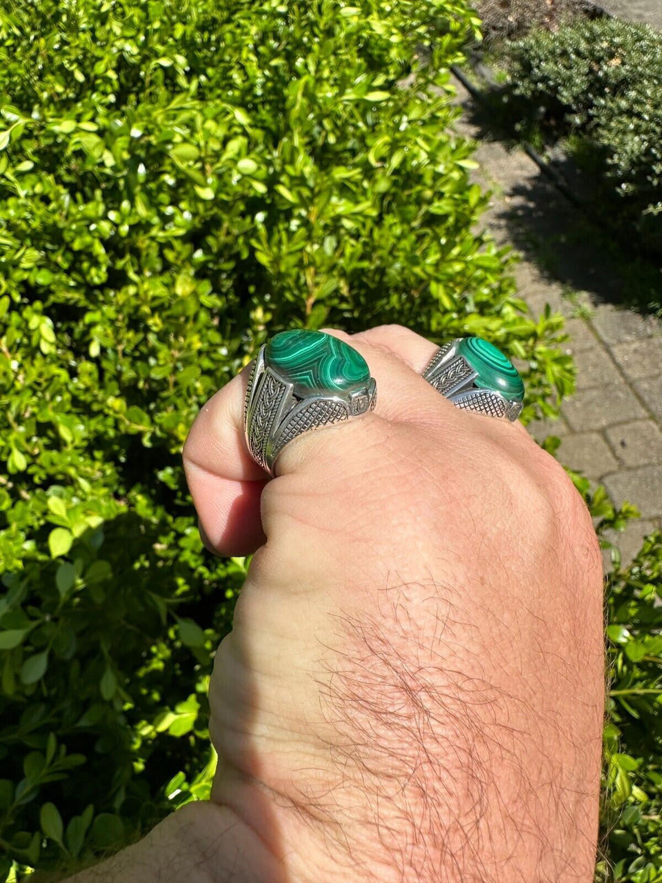 Wealth Ring - 925 Silver Oxidized - Genuine Green Malachite Stone