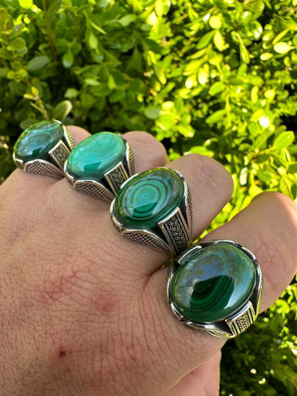 Wealth Ring - 925 Silver Oxidized - Genuine Green Malachite Stone