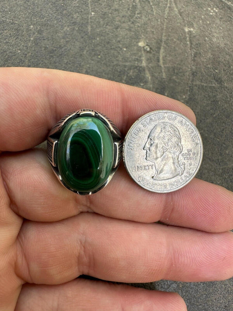 Wealth Ring - 925 Silver Oxidized - Genuine Green Malachite Stone