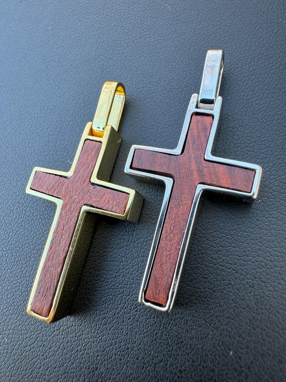 Wood Inlay Plain Religious Cross Pendant - 14k Gold Vermeil Or 925 Silver - Large 2.5"