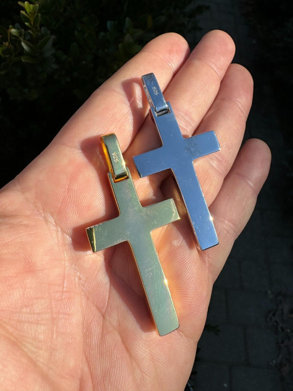 Wood Inlay Plain Religious Cross Pendant - 14k Gold Vermeil Or 925 Silver - Large 2.5"