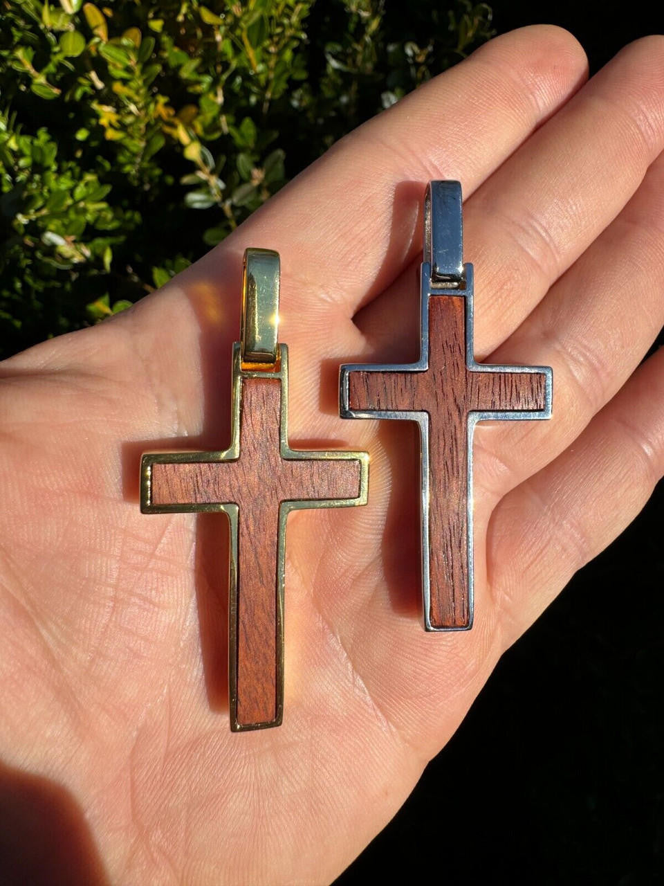 Wood Inlay Plain Religious Cross Pendant - 14k Gold Vermeil Or 925 Silver - Large 2.5"