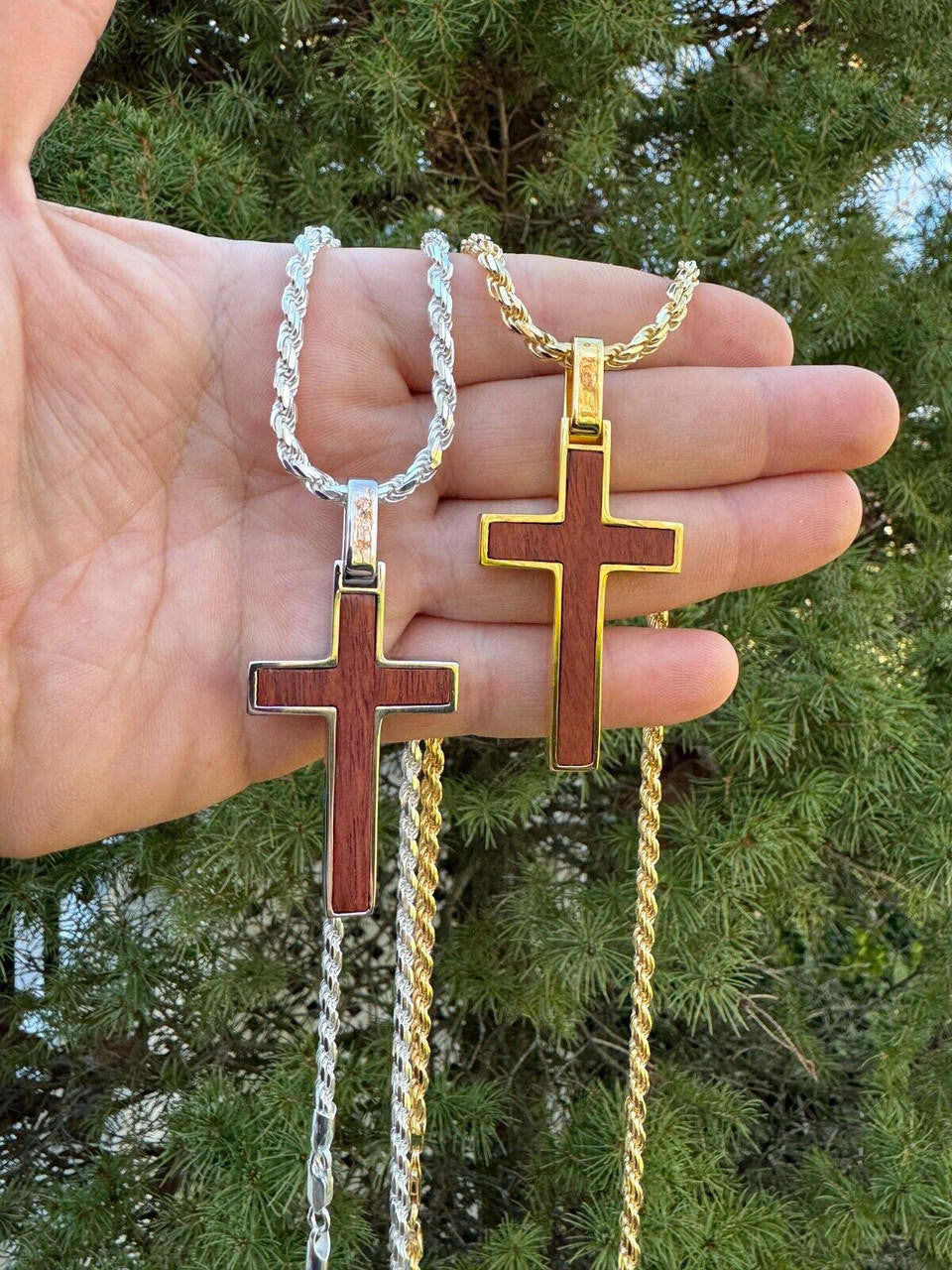 Wood Inlay Plain Religious Cross Pendant - 14k Gold Vermeil Or 925 Silver - Large 2.5"