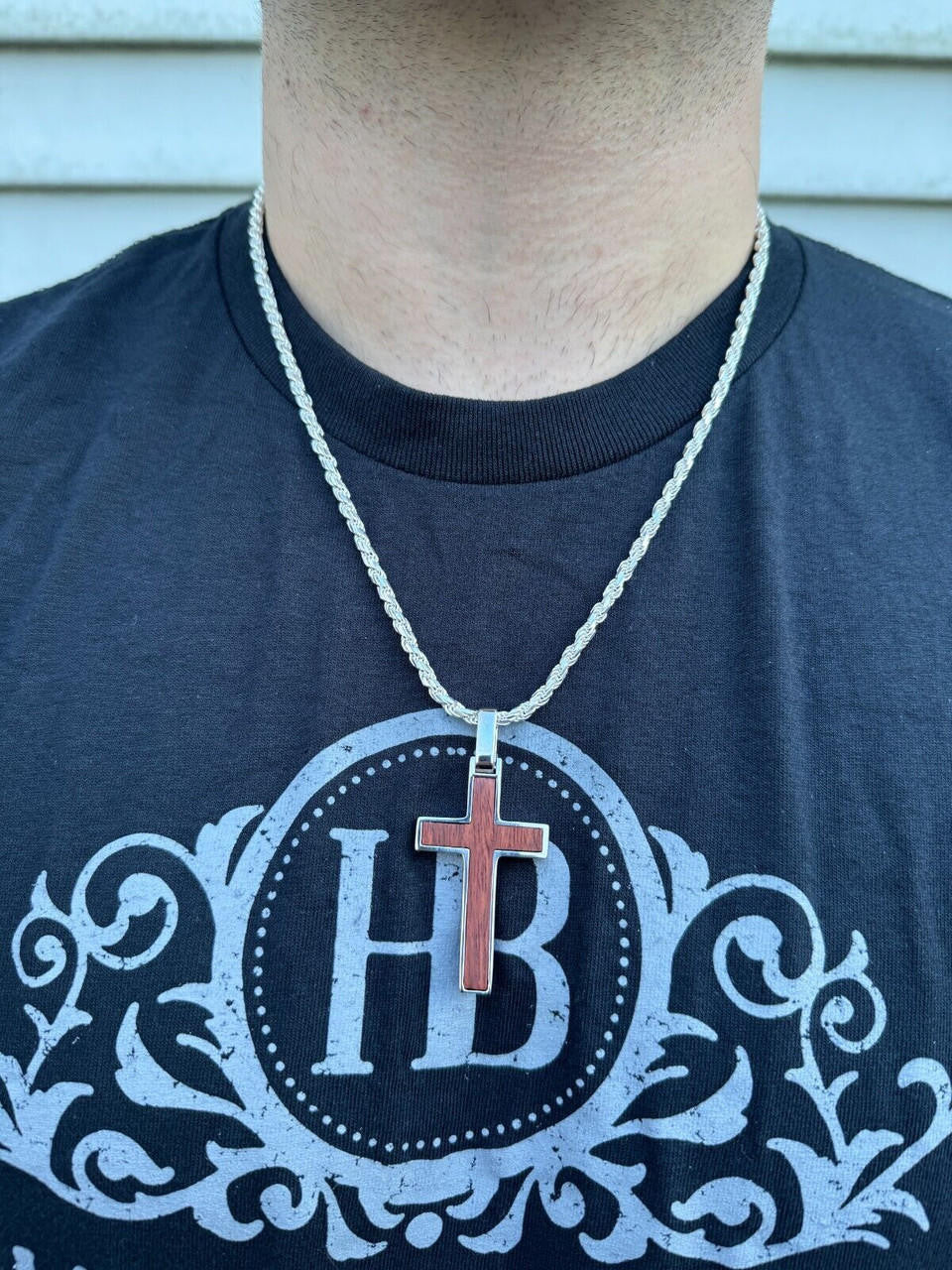 Wood Inlay Plain Religious Cross Pendant - 14k Gold Vermeil Or 925 Silver - Large 2.5"