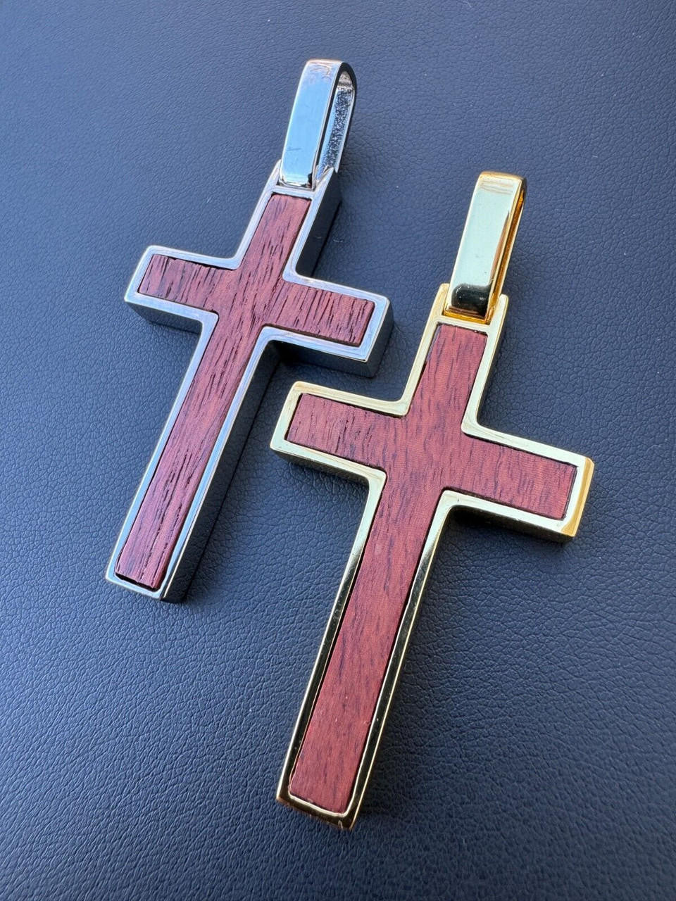 Wood Inlay Plain Religious Cross Pendant - 14k Gold Vermeil Or 925 Silver - Large 2.5"