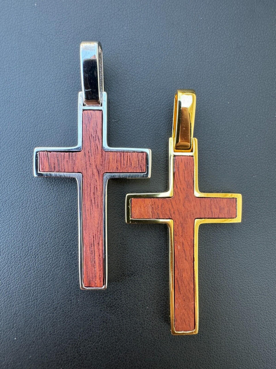 Wood Inlay Plain Religious Cross Pendant - 14k Gold Vermeil Or 925 Silver - Large 2.5"