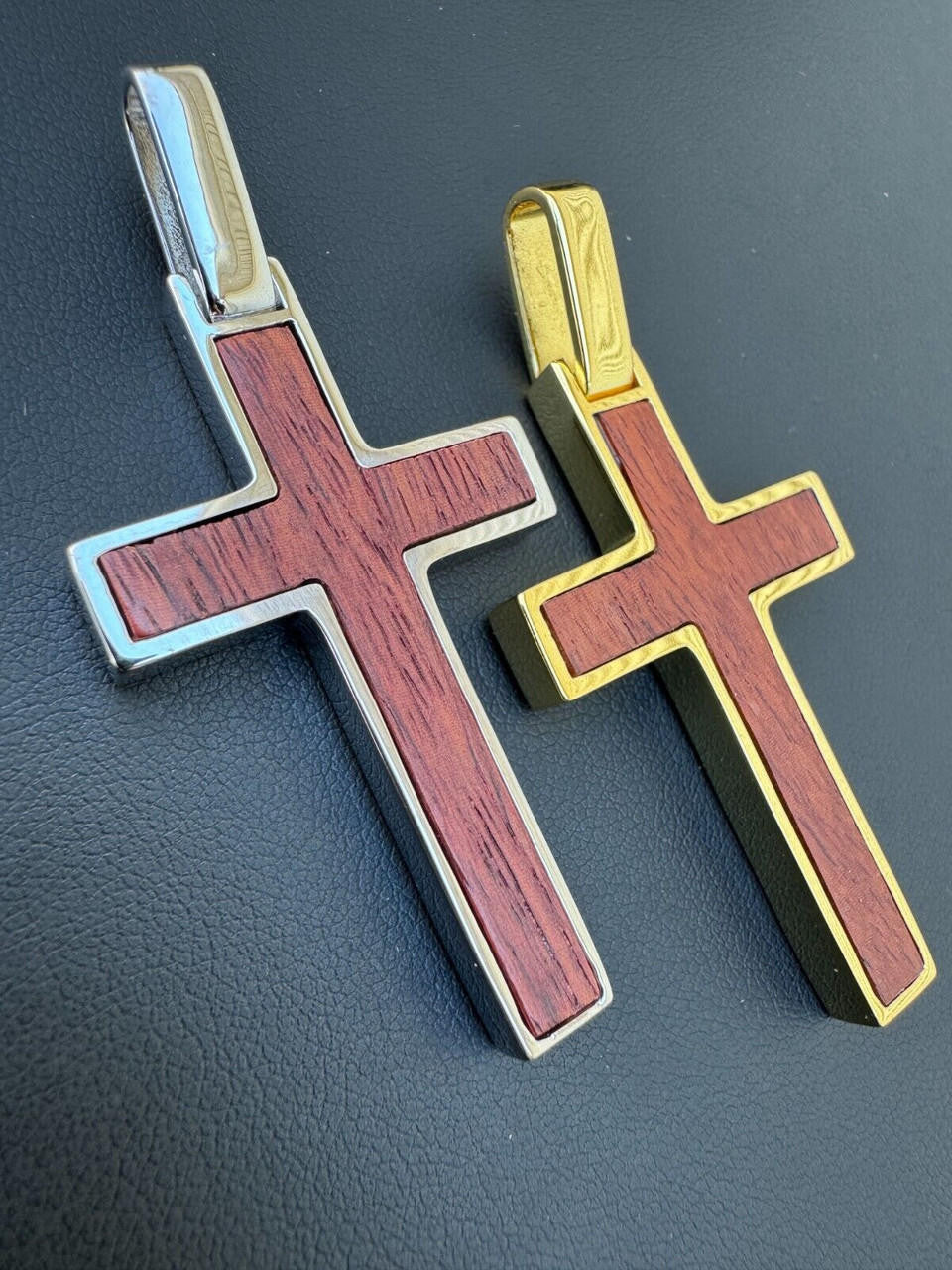 Wood Inlay Plain Religious Cross Pendant - 14k Gold Vermeil Or 925 Silver - Large 2.5"