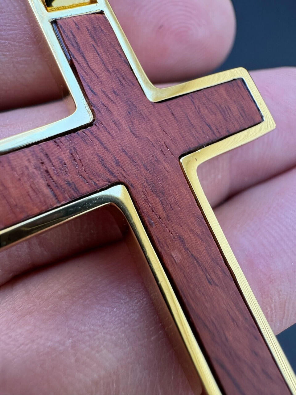 Wood Inlay Plain Religious Cross Pendant - 14k Gold Vermeil Or 925 Silver - Large 2.5"