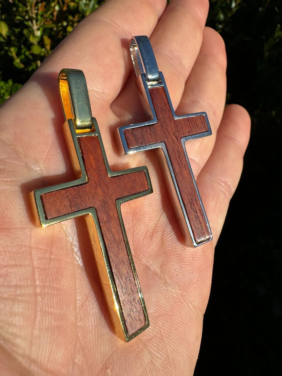 Wood Inlay Plain Religious Cross Pendant - 14k Gold Vermeil Or 925 Silver - Large 2.5"