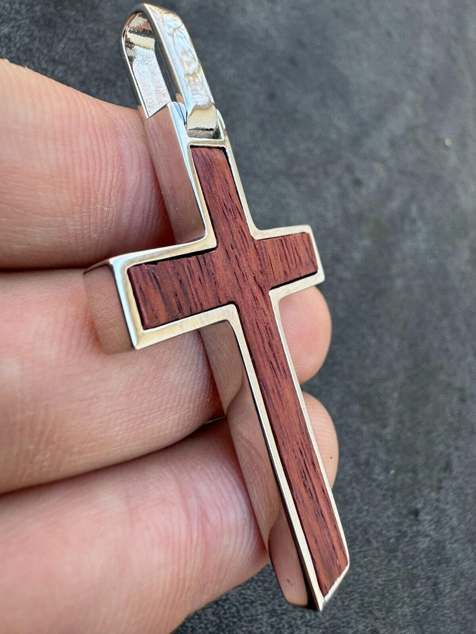 Wood Inlay Plain Religious Cross Pendant - 14k Gold Vermeil Or 925 Silver - Large 2.5"