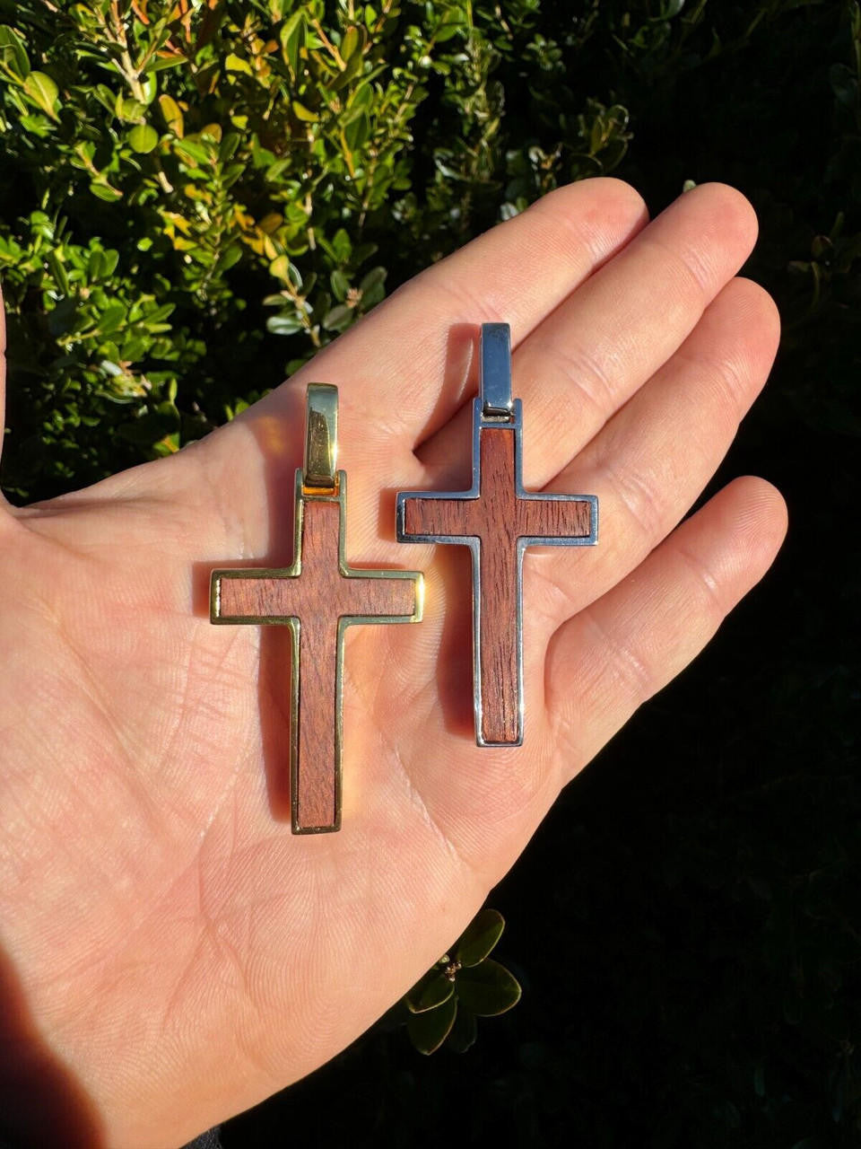 Wood Inlay Plain Religious Cross Pendant - 14k Gold Vermeil Or 925 Silver - Large 2.5"