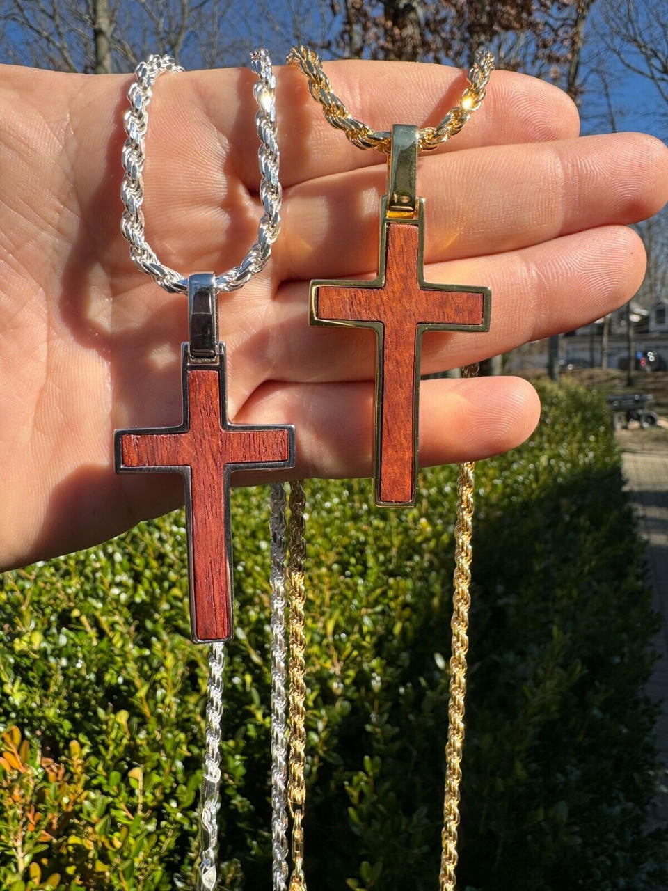 Wood Inlay Plain Religious Cross Pendant - 14k Gold Vermeil Or 925 Silver - Large 2.5"