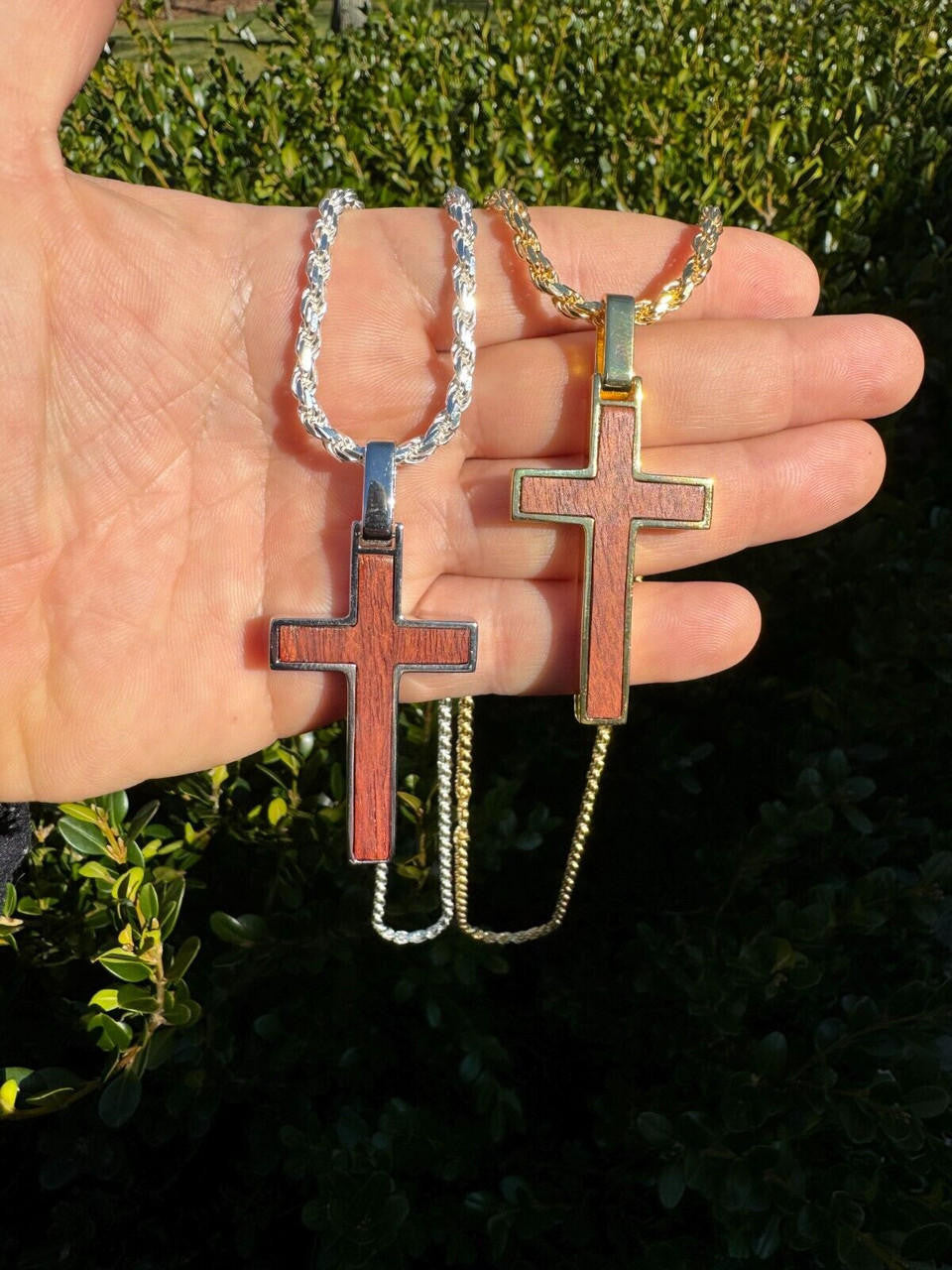 Wood Inlay Plain Religious Cross Pendant - 14k Gold Vermeil Or 925 Silver - Large 2.5"