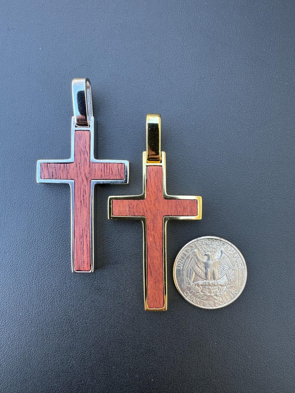 Wood Inlay Plain Religious Cross Pendant - 14k Gold Vermeil Or 925 Silver - Large 2.5"