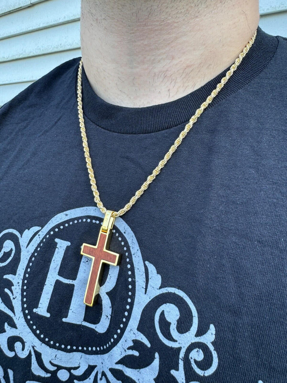 Wood Inlay Plain Religious Cross Pendant - 14k Gold Vermeil Or 925 Silver - Large 2.5"