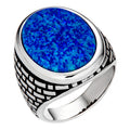 Large Oval Brick Road Ring - 925 Silver Oxidized W. Silver Bezel - Synthetic Blue Opal