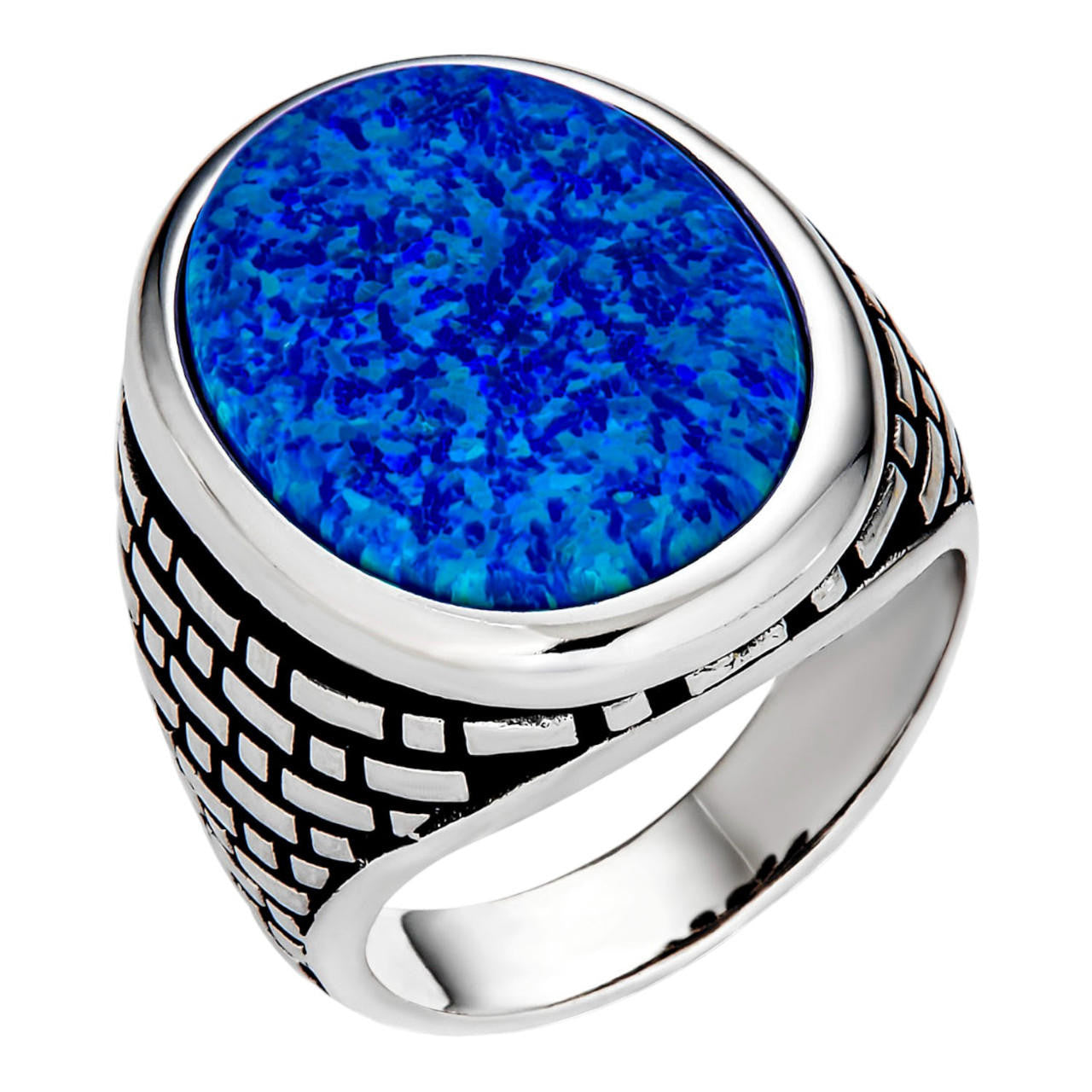 Large Oval Brick Road Ring - 925 Silver Oxidized W. Silver Bezel - Synthetic Blue Opal