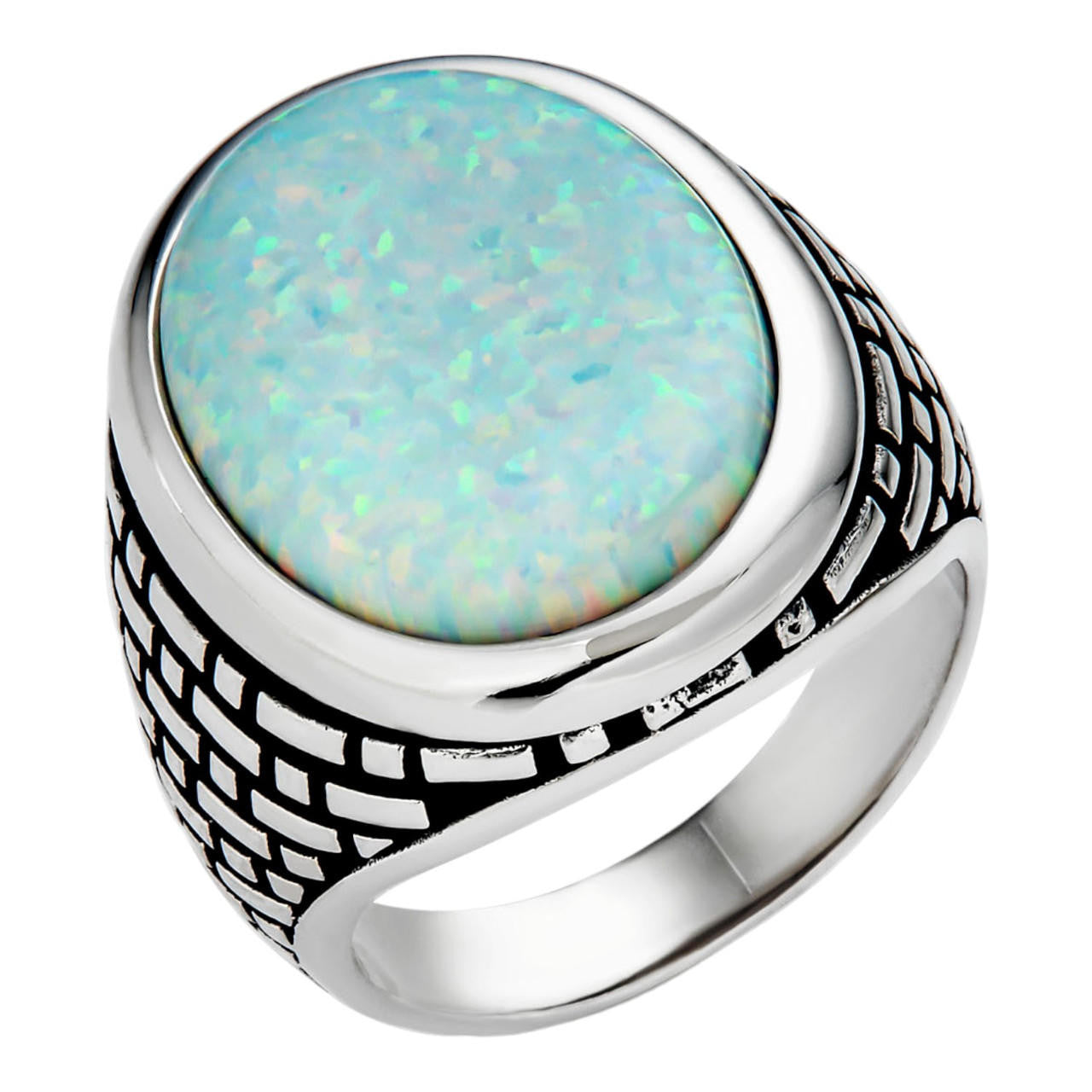 Large Oval Brick Road Ring - 925 Silver Oxidized W. Silver Bezel - Synthetic White Opal
