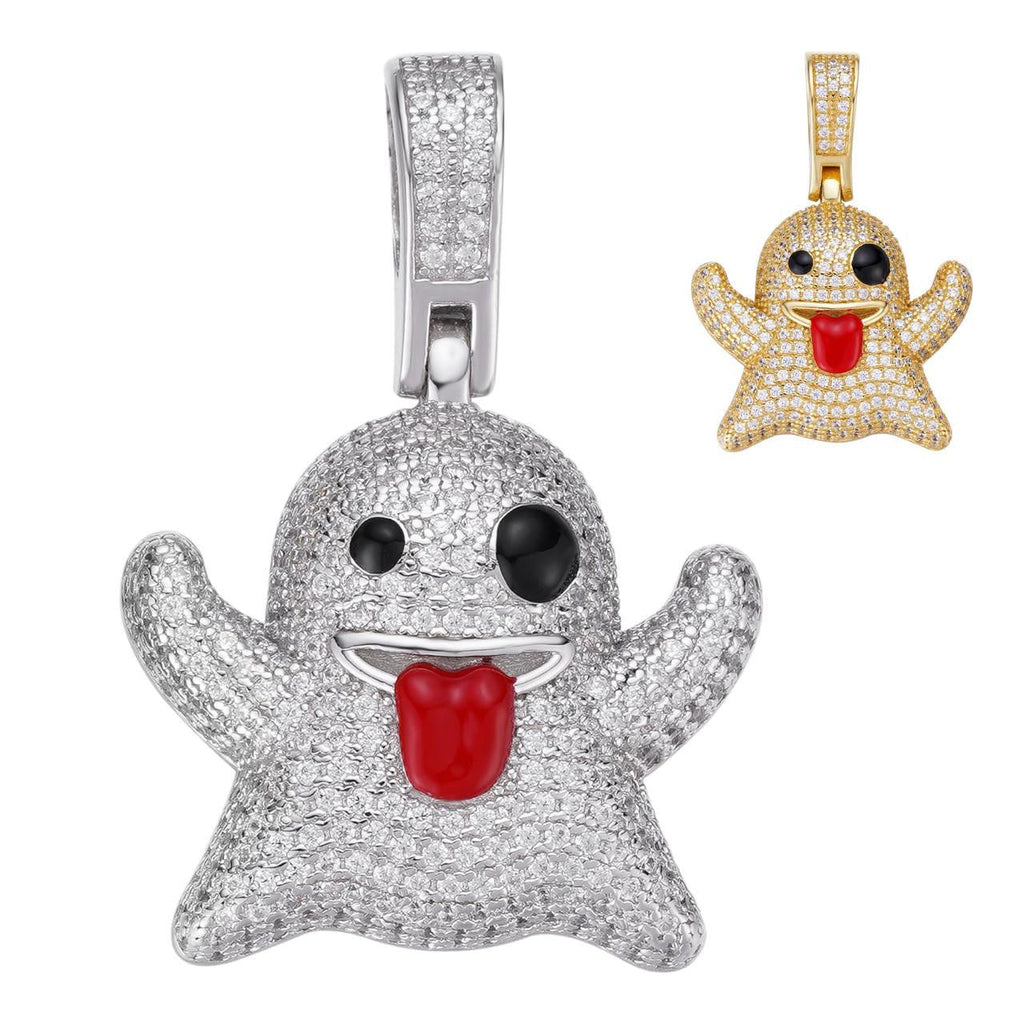 Laughing Ghost Piece Pendant - 14k Gold Vermeil Or 925 Silver - CZ Stones - Small 1"