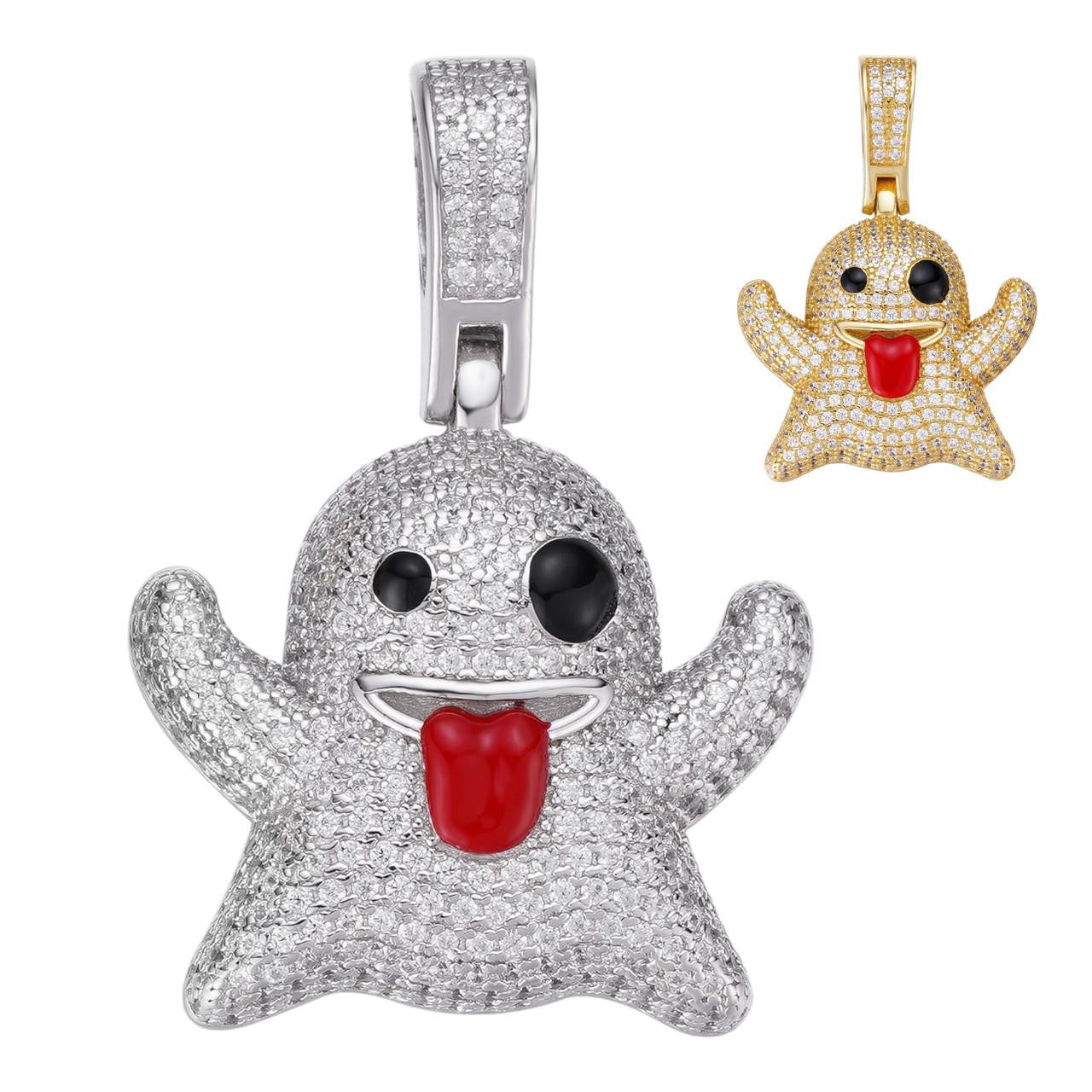 Laughing Ghost Piece Pendant - 14k Gold Vermeil Or 925 Silver - CZ Stones - Small 1"