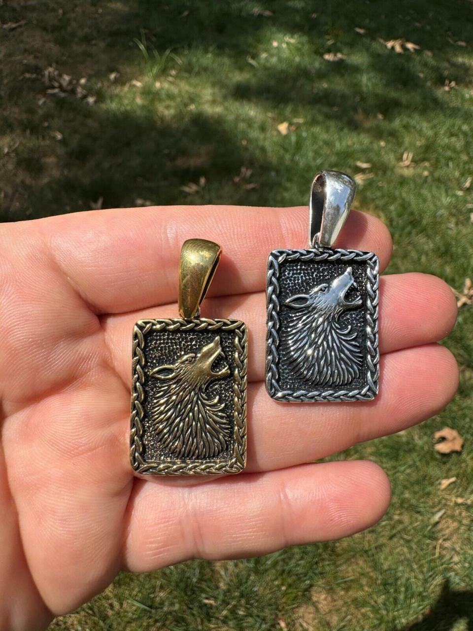 Lone Wolf Dog Tag Pendant - 14k Gold Vermeil Or Oxidized 925 Silver - Medium 1.75"
