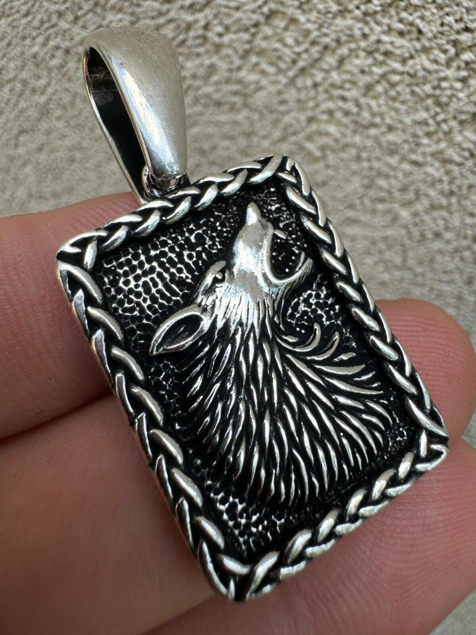 Lone Wolf Dog Tag Pendant - 14k Gold Vermeil Or Oxidized 925 Silver - Medium 1.75"