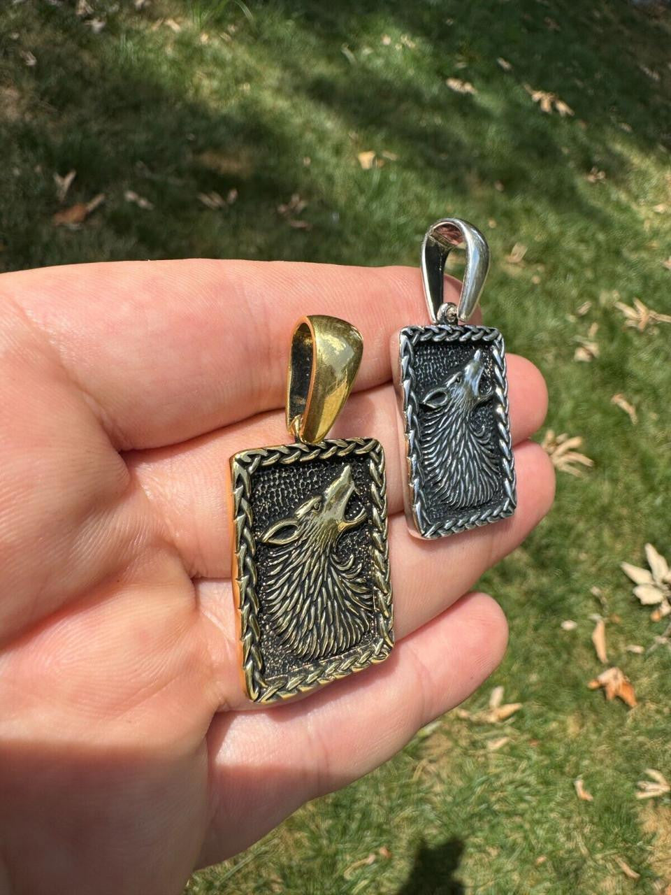 Lone Wolf Dog Tag Pendant - 14k Gold Vermeil Or Oxidized 925 Silver - Medium 1.75"