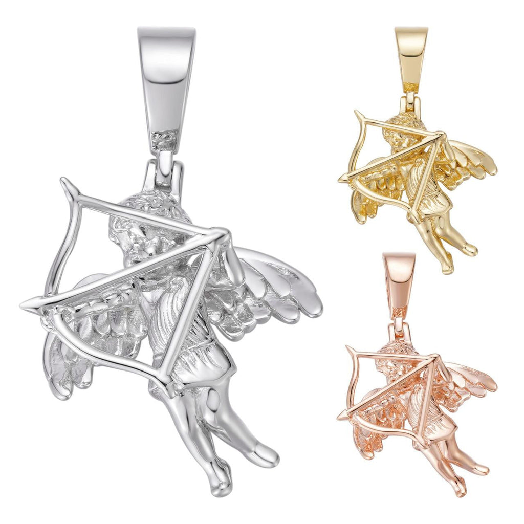 Love Cupid W. Bow and Arrow Cherub Pendant - 14k Yellow/Rose Gold Vermeil Or 925 Silver - CZ Stones - Small 1"