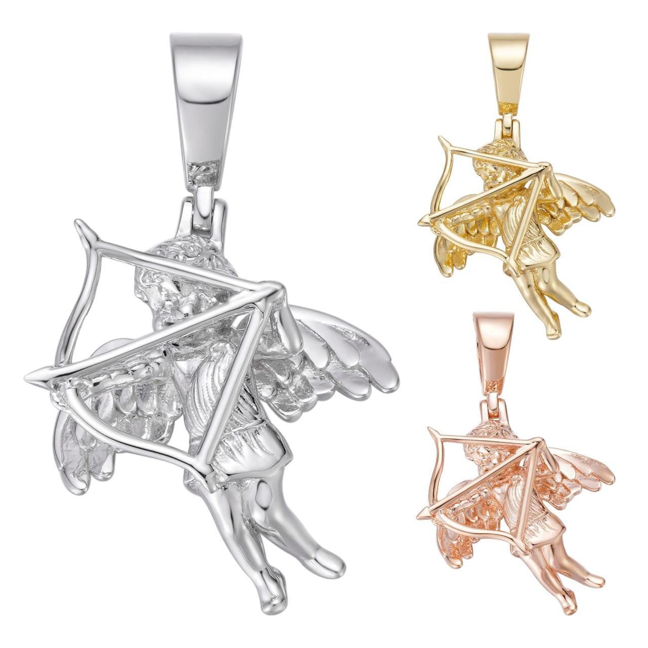 Love Cupid W. Bow and Arrow Cherub Pendant - 14k Yellow/Rose Gold Vermeil Or 925 Silver - CZ Stones - Small 1"