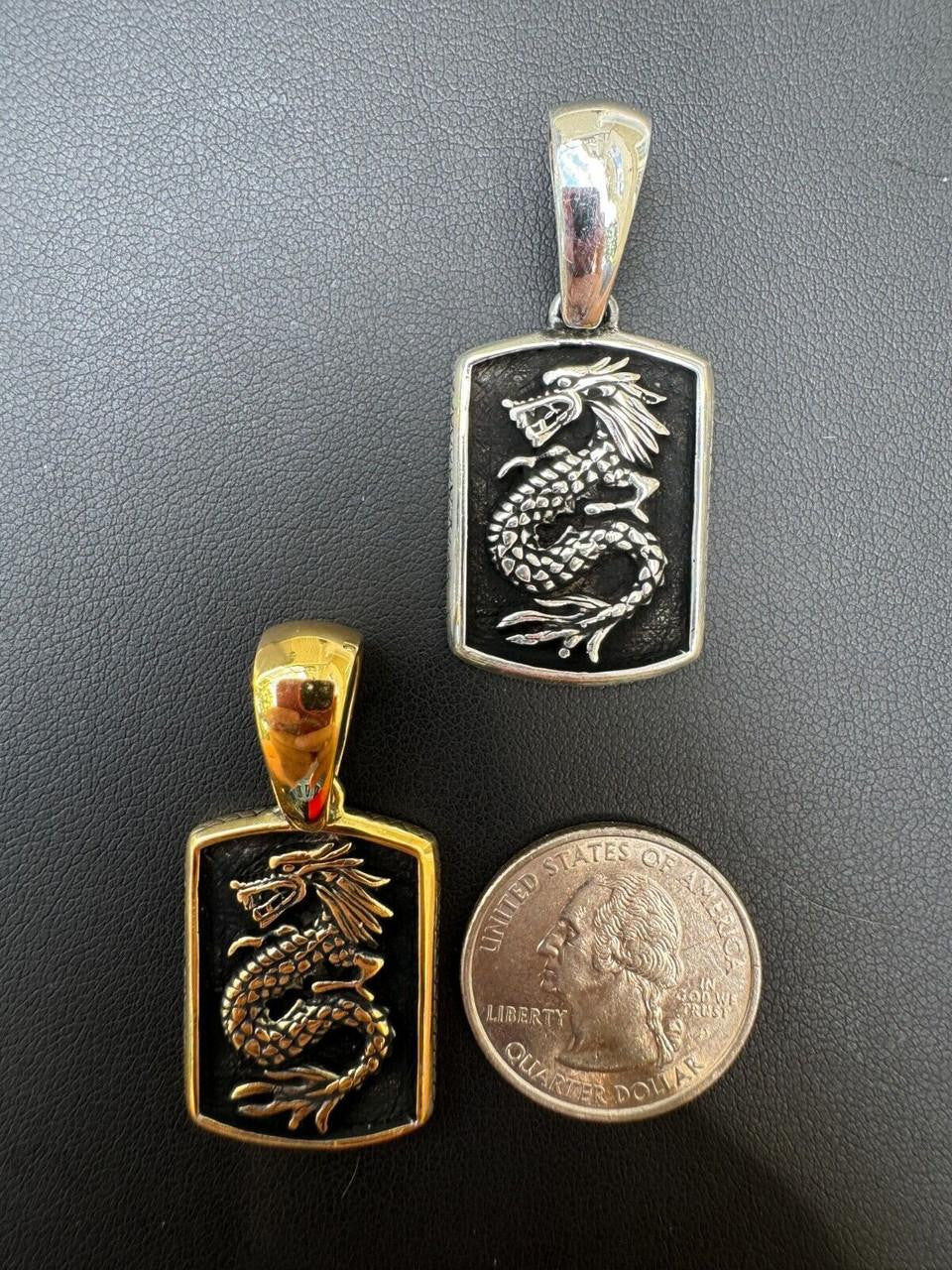 Lucky Dragon Dog Tag Pendant - 14k Gold Vermeil Or Oxidized 925 Silver - Medium 1.75"