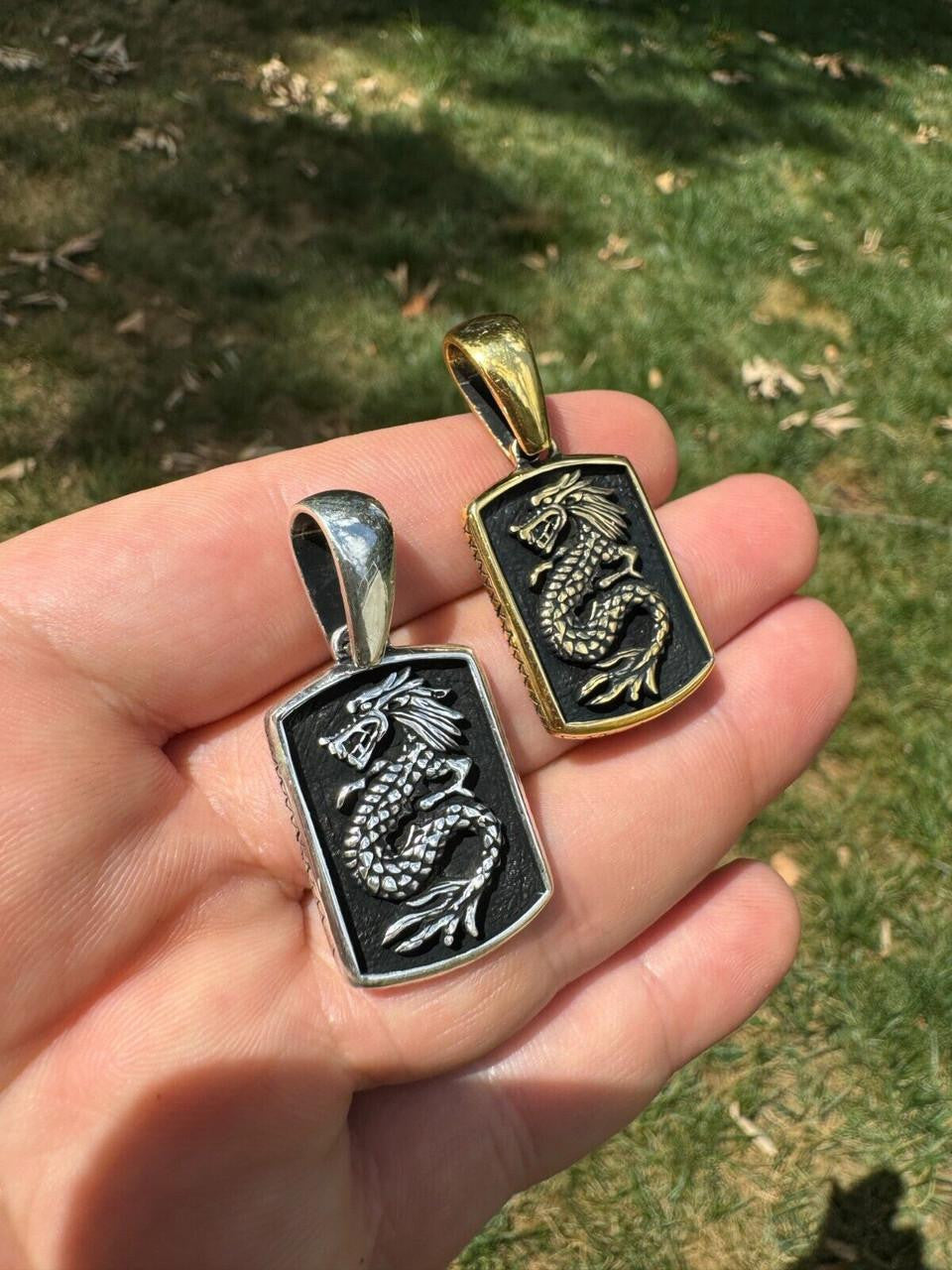 Lucky Dragon Dog Tag Pendant - 14k Gold Vermeil Or Oxidized 925 Silver - Medium 1.75"